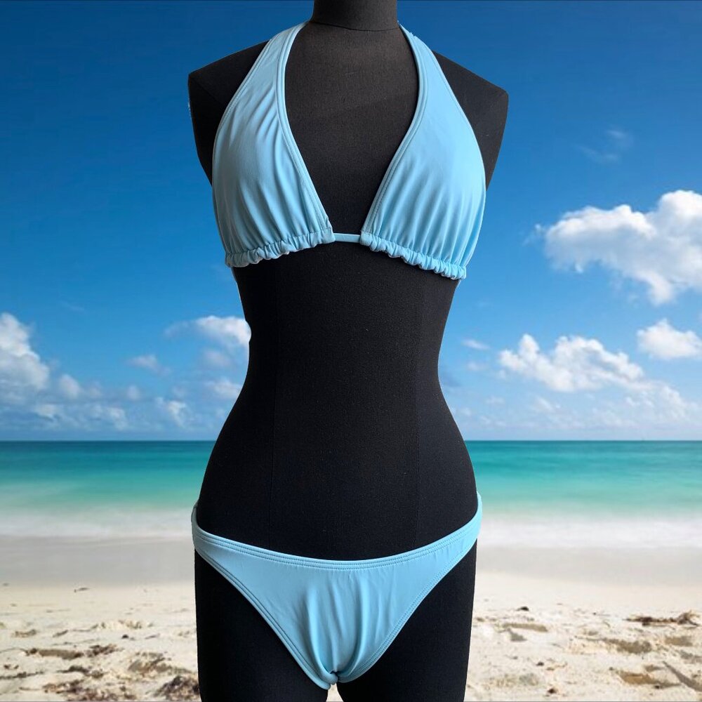 Billabong BLUE CRUSH era Vintage bikini baby blue reversible halter top set RARE